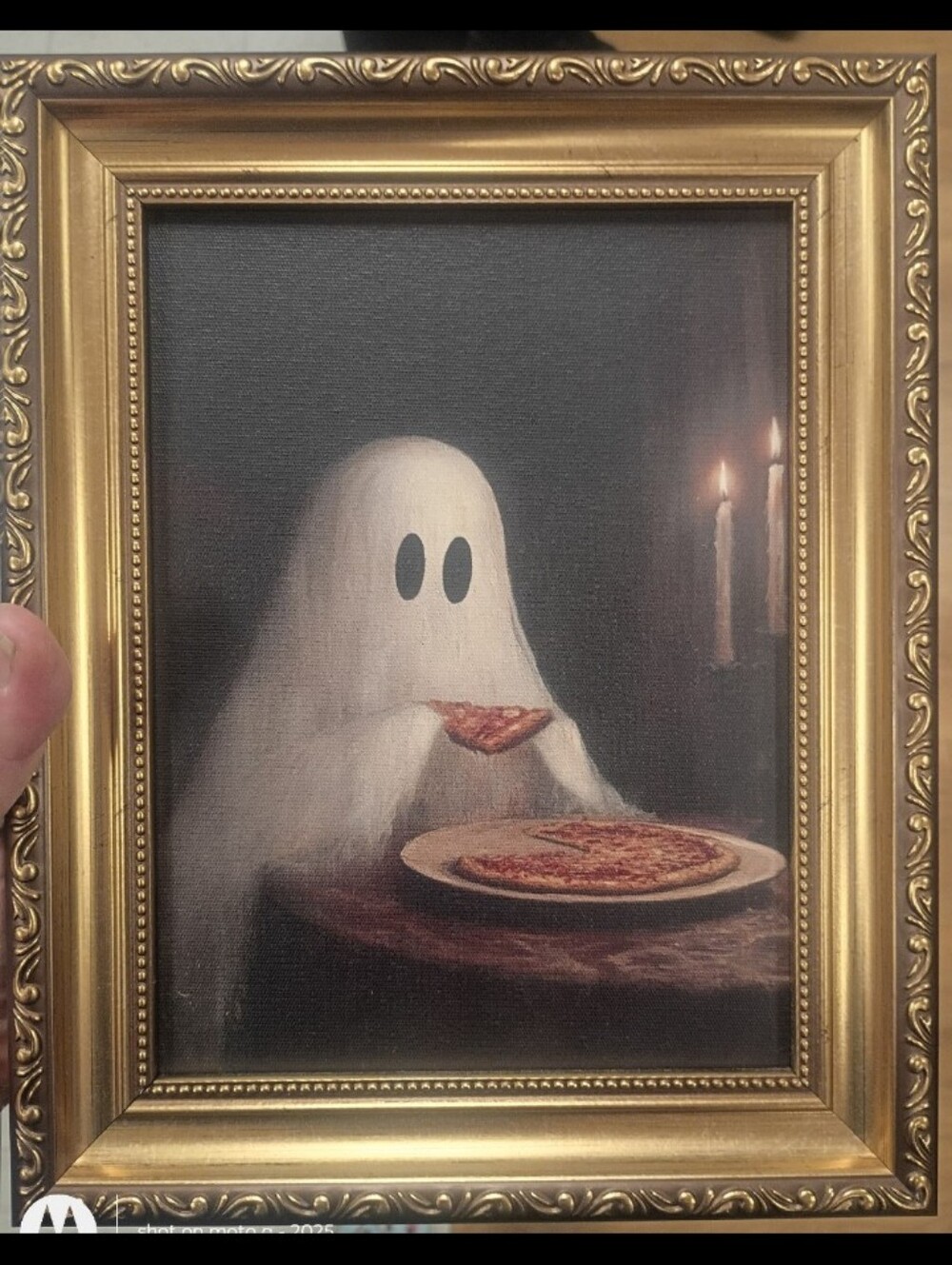 Ghost Eating Pizza Framed Wall Art - White